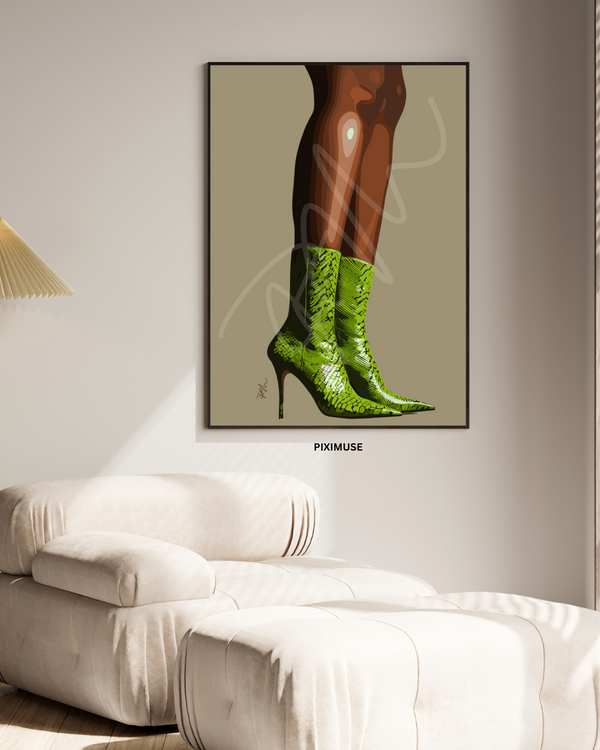 Green Snake Print Boots | Beige